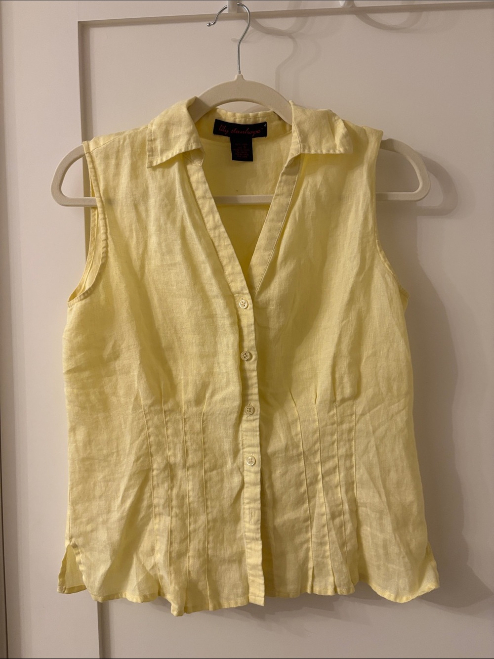 Lily Stanhope Pale Yellow Sleeveless Button-Front 100% Linen Shirt